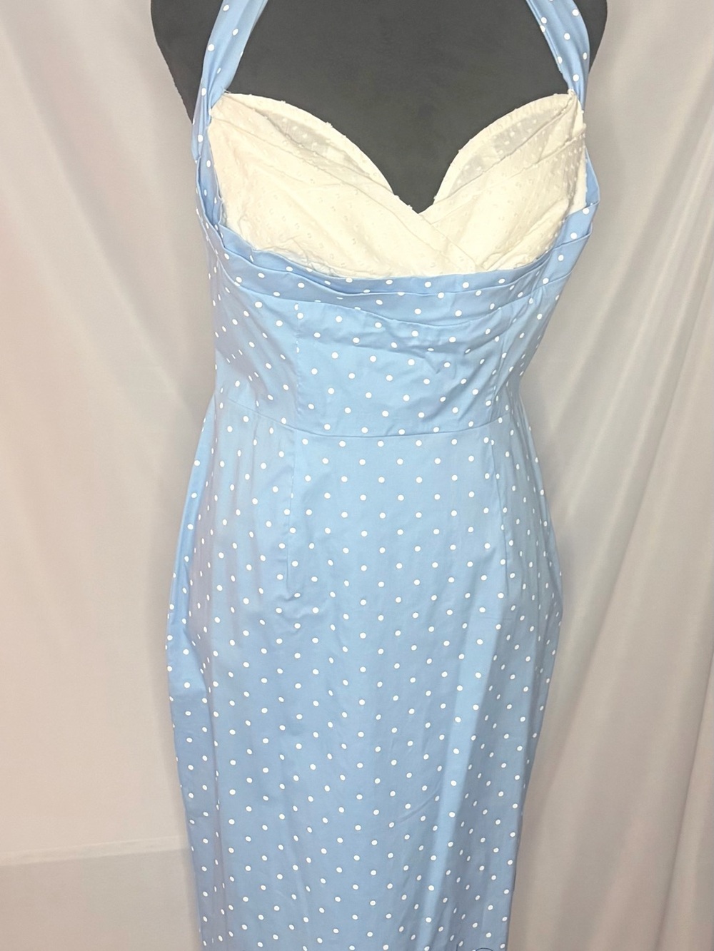 Stop Staring Light Blue Polka Dot Halter Dress with Ivory Bust